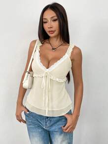 INAWLY Women Autumn Stylish Lace Patchwork Ruffle Hem Fitted Cropped Tank Top - Apricot - View 4