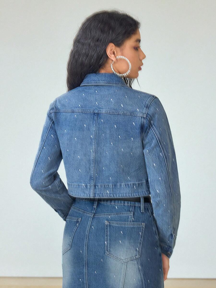 MOTF STUDIO RHINESTONE BUTTON FRONT DENIM JACKET - Medium Wash - View 2
