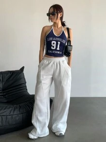 StreetHx 女士街头时尚休闲拼色洛杉矶图案 91 号细肩带背心 - 藏蓝色 - 查看 5