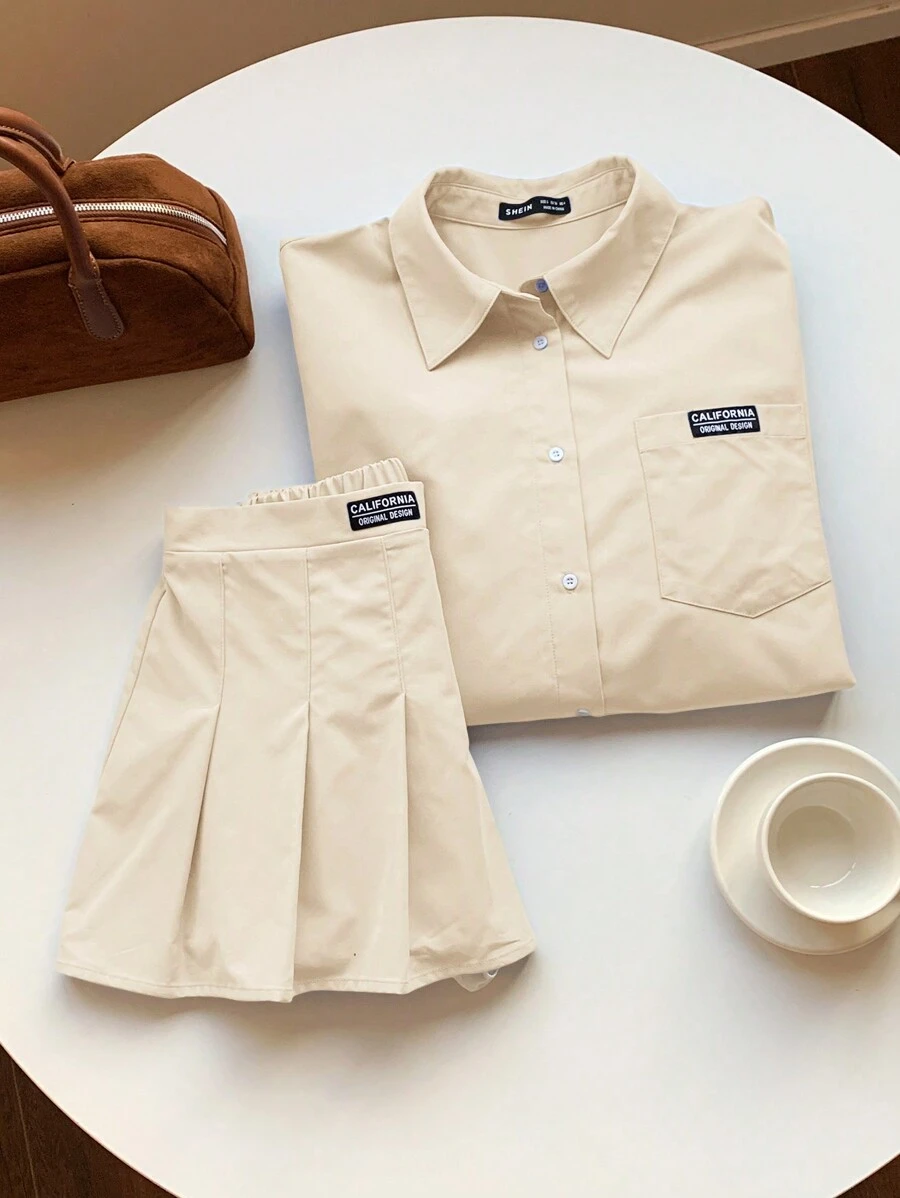 Comfortcana 2pcs Women Set: Blouse & Pleated Skirt - Apricot - View 1