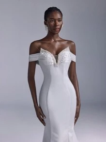 SHEIN Belle Vestido Longo Elegante e Luxuoso de Cetim Creme Franzido com Cauda de Sereia, Adequado para Casamentos, Festas, Feriados, Galas e Eventos Formais - Bege - Visão 1