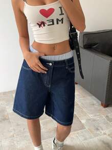 SHEIN EZwear 女式牛仔短裤，休闲修身腰带拼接设计，蓝色，圣帕特里克节