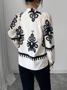 Chiquease Apricot Contrast Black Floral Pleated Collar Blouse For Women - Multicolor - View 2