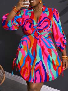 Slaydiva Plus Size Women Casual All-Over Print Twist Side Drawstring Dress, Suitable For Beach, Boho, Music Festival, Rave, Easter, Old Money Style, Country Concert, Going Out, Fairycore, Tropical Vacation - Multicolor - View 7