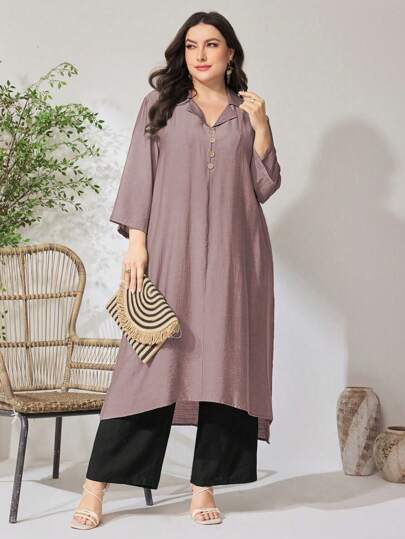 Mulvari Plus Size 2pcs Solid Color Hooded Top And Long Pants Set