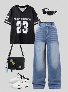 SHEIN Denimly Tween Băieți Casual Zilnic Urban Street Set 2 buc: Culoare contrastantă Umăr cădere Tricou supradimensionat și talie elastică Blugi largi, rupti, vintage