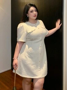Dazy Plus Plus Size Solid Color Button Front Collared Bodycon Short Sleeve Mini Dress, Spring/Summer Sundress Work Women Clothes Prom Dress Elegant Women Dresses