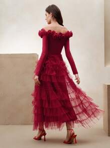 Anewsta 1 chiếc váy dài tay cổ chữ V họa tiết hoa 3D cho nữ, dáng ôm sát, viền lưới xếp nếp, dành cho ngày lễ tình nhân và đêm hẹn hò - Đỏ - Xem 2