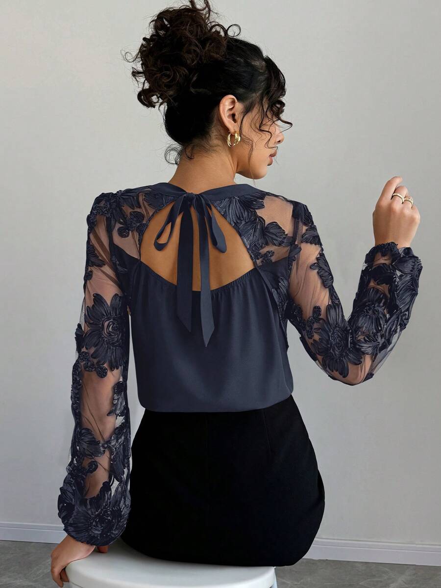 Chiquease See-Through Back Lace-Up Floral Print Blouse - Navy Blue - View 1