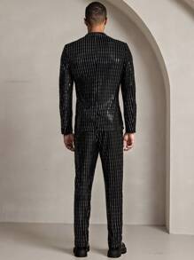 Manfinity VCAY Bộ 2 bộ vest nam dệt kim thời trang thường ngày trẻ trung, áo khoác lưới hở sequin và quần âu cạp chun - màu đen - Xem 2