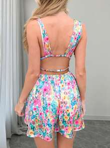 INAWLY 女式夏季度假深 V 领碎花腰部收腰露背连衣裙