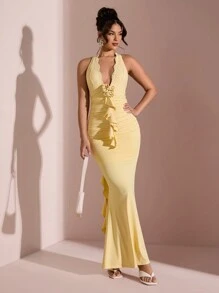 SHEIN BAE Abito aderente con scollo a V profondo, con rifiniture in pizzo, volant e coda a sirena, adatto per San Valentino, occasioni romantiche, feste, appuntamenti, damigelle, matrimonio, cocktail, uso quotidiano - Giallo - Visualizzare 4