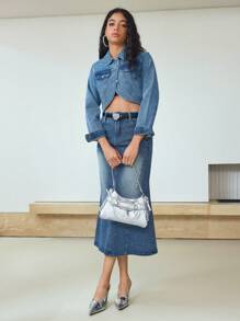 MOTF STUDIO RHINESTONE BUTTON FRONT DENIM JACKET - Medium Wash - View 5