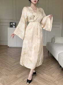 DAZY Women's V-Neck Splice Flare Sleeve Midi Dress, Watercolor Print, Apricot, Spring/Summer Fall,Winter - Apricot - View 6