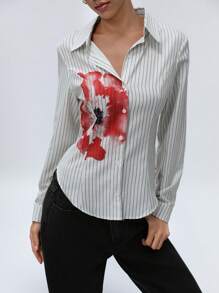 GENKIRA 美国女孩风格合身竖条纹纽扣长袖女式衬衫 - 彩色 - 查看 6