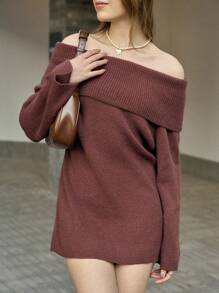 INAWLY Women's Solid Color Off-Shoulder Long Sleeve Loose Casual Knitted Sweater Dress, Autumn/Winter Fall Cloth For Women