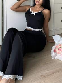 Y2K stil kvinnor spets trim kamisole och shorts Pyjamas Set