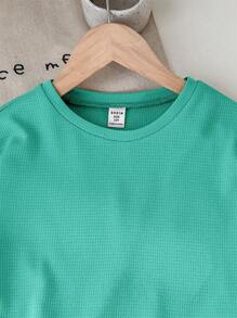 SHEIN LMoss Kids LMoss Tween 女童纯色针织圆领宽松短袖 T 恤和短裤休闲装 - 薄荷藍 - 查看 5