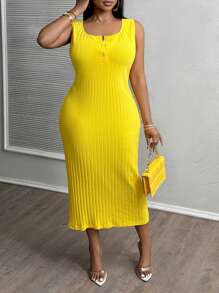 Slaydiva 2025 New Style  Butter Yellow All-Match Casual Sexy Minimalist Western Style Open Front Crisscross Racerback Dress, Suitable For Spring & Summer, Plus Size Women Western Wear