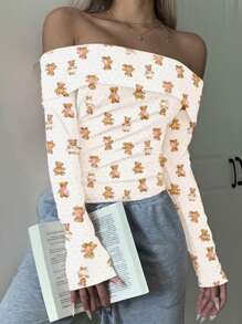 SHEIN EZwear Damski top vintage z odkrytymi ramionami i wygodnym, uniwersalnym, dopasowanym długim rękawem do jesienno-zimowych warstwowych stylizacji