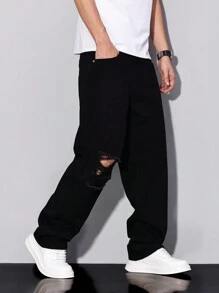 Manfinity Homme Pantalones vaqueros de mezclilla casuales y sencillos para hombres, para uso diario, pantalones de chándal holgados y rotos, jeans negros rotos para hombres, jeans rotos y holgados para hombres, pantalones casuales rectos y sueltos para hombres para salir, estilo grunge - Negro - Ver 3