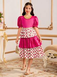Robe de jour court-manches simple et décontracté pour filles pré-adolescentes - Rose vif - Voir 5