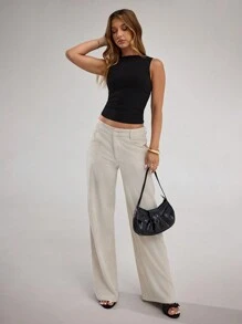 SHEIN BAE 女式杏色纯色亚麻阔腿裤，休闲低腰长裤，适合日常、度假、办公室、春夏季 - 杏色 - 查看 1