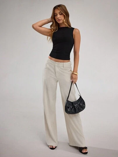 SHEIN BAE 女式杏色纯色亚麻阔腿裤，休闲低腰长裤，适合日常、度假、办公室、春夏季