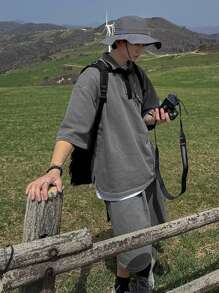 DAZY Summer Plain Gray Outdoor Short Sleeve Polo Shirt And Shorts Set For Men - Grey - View 6