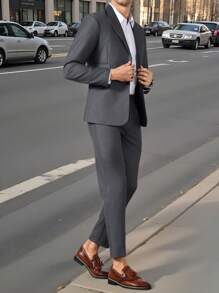 Manfinity Mode 2pcs Men's Solid Color Lapel Neck Long Sleeve Blazer And Pants Casual Suit Set - Grey - View 4
