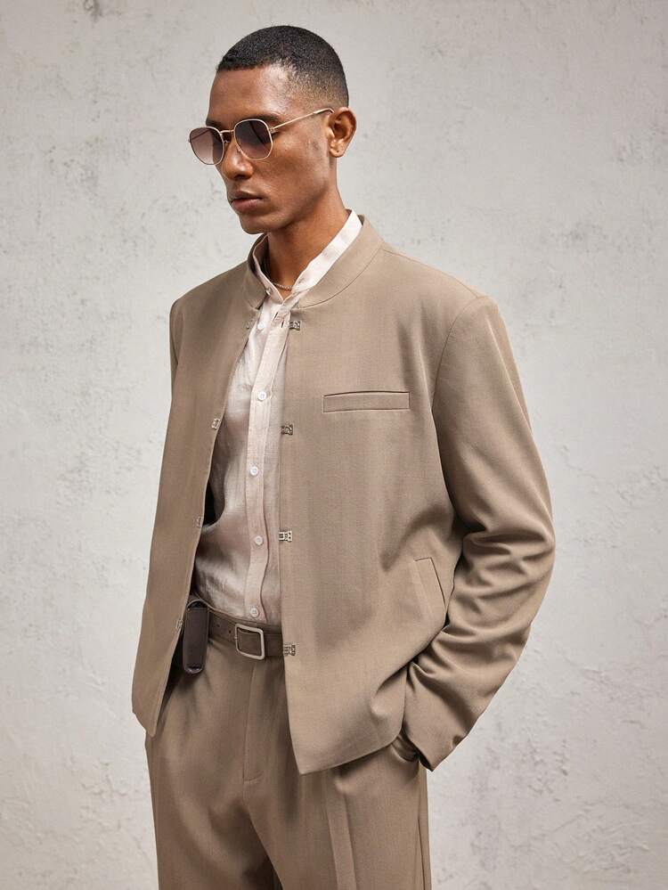 Men's Khaki Metal Button Woven Slim Fit Stand Collar Jacket, Suitable For Daily Wear, Vacation, Spring/Summer, Graduation Gift