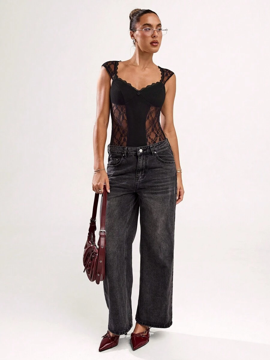 SHEIN BAE Elegant Sexy Solid Color Lace Patchwork Bodysuit - Black - View 1