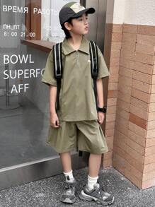 DAZY 2pcs Tween Boys Letter Printed Short Sleeve Zip Half Placket Shirt And Shorts Set - Green - View 5