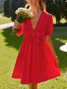 SHEIN VCAY Women's V-Neck Bowknot Decor A-Line Ruffle Hem Casual Vacation Valentine's Day Dress