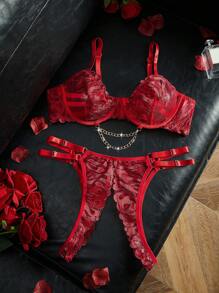 2件套加大码蕾丝刺绣内衣套装，带钢圈，情人节 - 紅色 - 查看 1