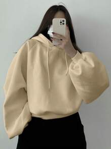 DAZY Women's Solid Color Oversized Cropped Hoodie Sweatshirt - Khaki - View 2