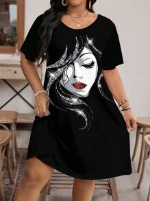 SHEIN LUNE Váy cổ tròn tay ngắn họa tiết chân dung tối giản giản dị cỡ lớn, phù hợp cho mùa hè - màu đen - Xem 4