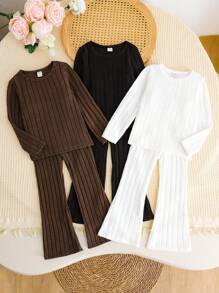 SHEIN LMoss Kids 6 件套少女罗纹针织喇叭裤套装，长款，买一送五，非常适合春秋季休闲日常穿着和上学日常，妈妈和女儿搭配，姐妹和我搭配