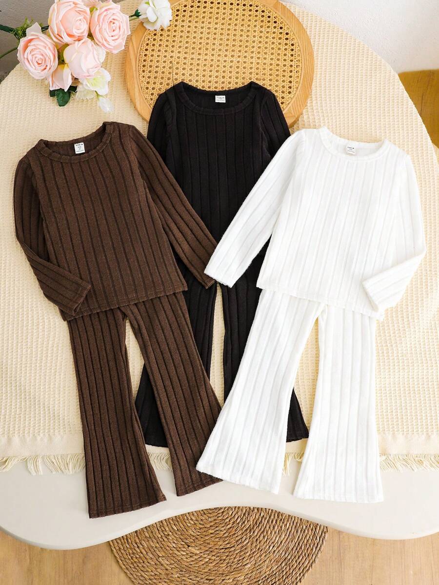 SHEIN LMoss Kids 6 件套少女罗纹针织喇叭裤套装，长款，买一送五，非常适合春秋季休闲日常穿着和上学日常，妈妈和女儿搭配，姐妹和我搭配