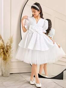 SHEIN Tween Girl Elegant V-Neck Jacquard Textured V-Neck Puff Sleeve Ruffle Hem Mesh Panel Dress In White, Suitable For Party, Gathering, Wedding, Flower Girl - White - View 5