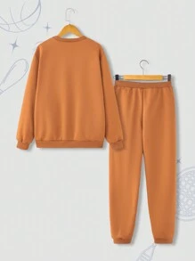 青少年男孩 2 件套圆领长袖上衣和裤子，休闲简约装，适合日常穿着