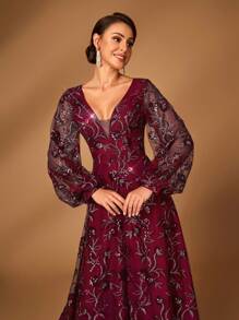 Serin Váy chữ A tay loe thêu lưới mỏng màu xanh navy lấp lánh sang trọng và thanh lịch, phù hợp làm váy dạ hội cho mẹ cô dâu, tiệc cưới, dịp trang trọng - Màu Đỏ Sâu - Xem 1