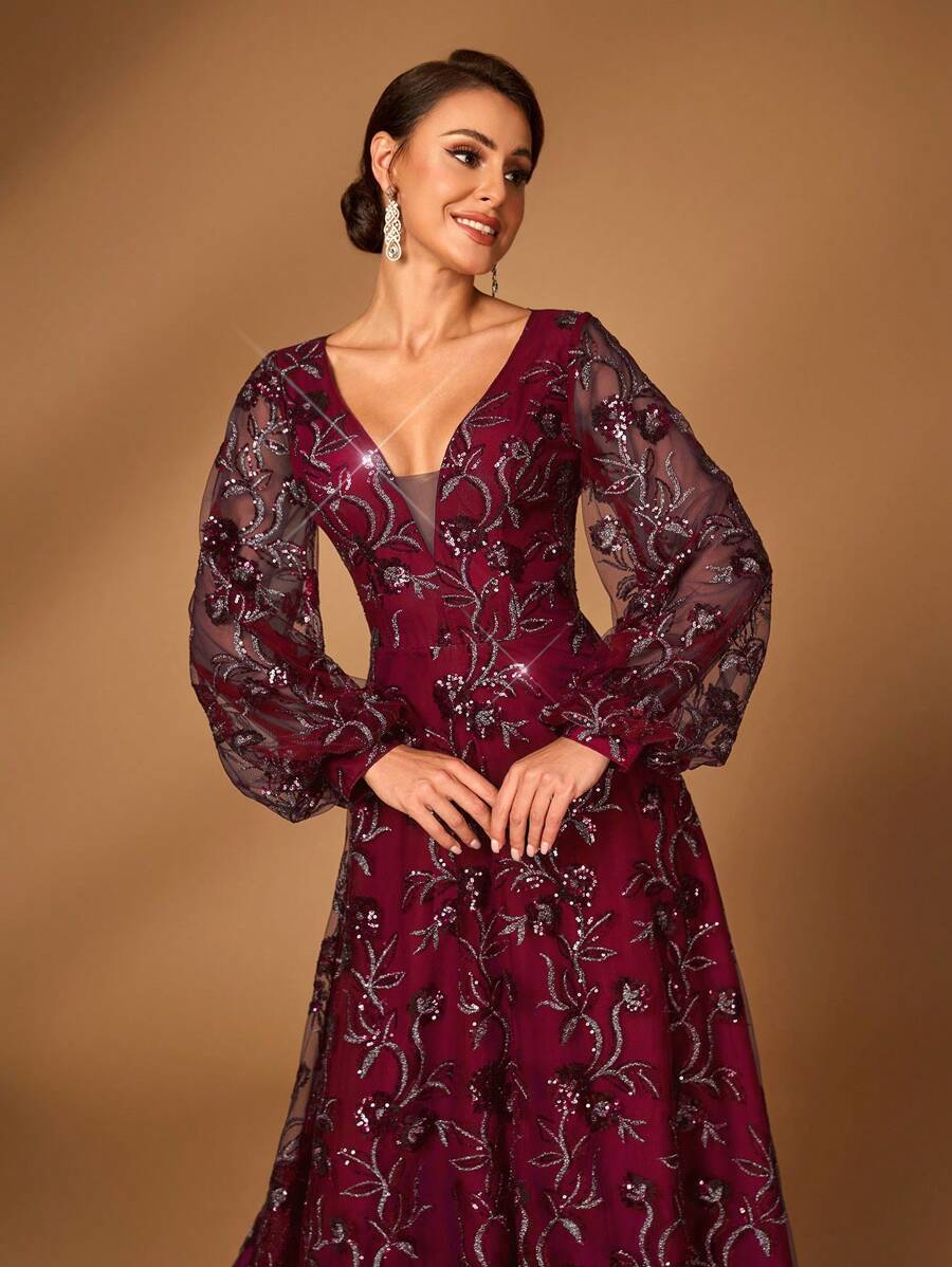 Serin Váy chữ A tay loe thêu lưới mỏng màu xanh navy lấp lánh sang trọng và thanh lịch, phù hợp làm váy dạ hội cho mẹ cô dâu, tiệc cưới, dịp trang trọng - Màu Đỏ Sâu - Xem 1