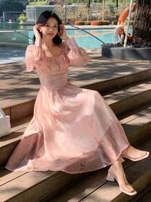 DAZY Vestido de manga larga con cuello cuadrado y estampado floral elegante para mujer - Rosa - Ver 2