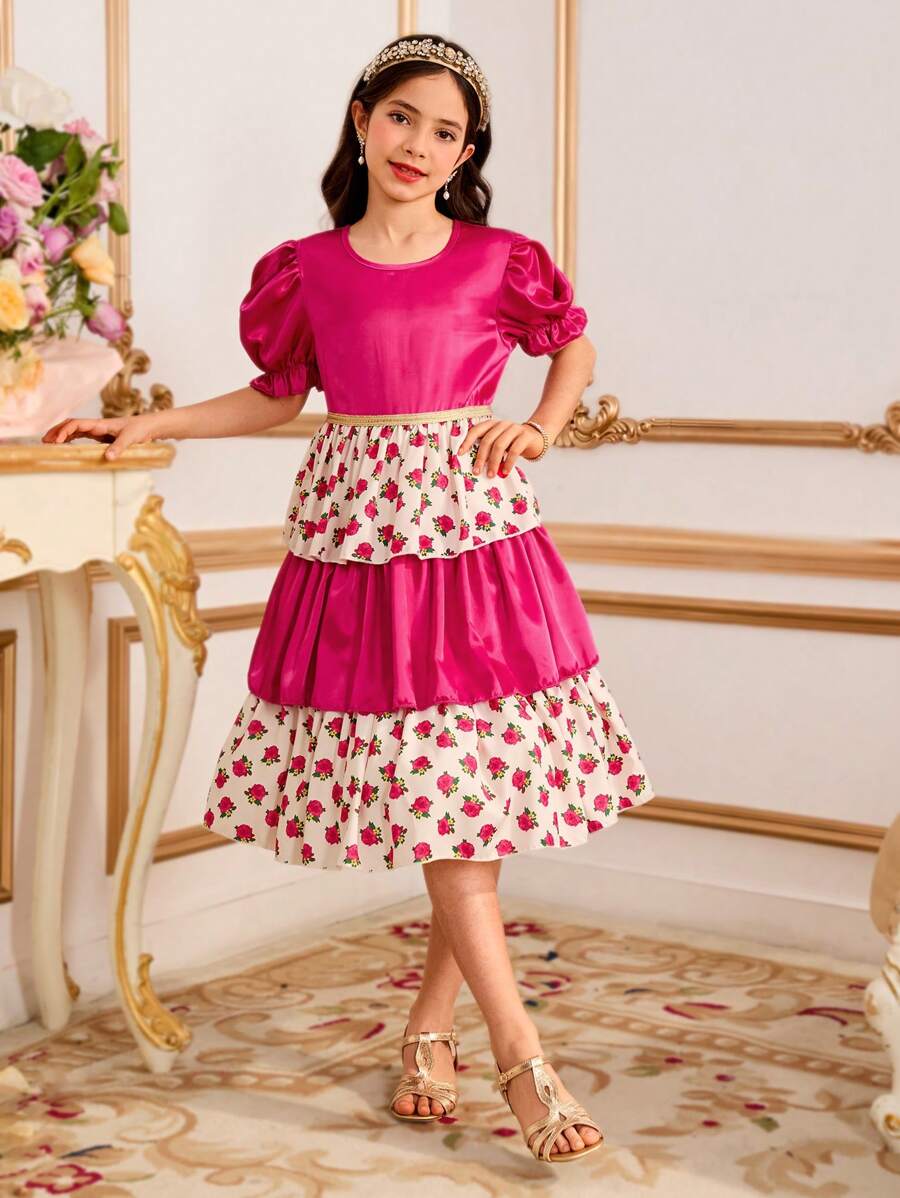 Robe de jour court-manches simple et décontracté pour filles pré-adolescentes - Rose vif - Voir 1