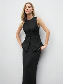 BizChic 2 件套黑色西装背心和迷你裙套装，女士商务正装，适合通勤、派对、约会、春夏情人节 - 黑色 - 查看 8