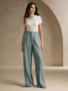 Anewsta 纯色时尚优雅现代女式直筒西装裤，适合度假和新年 - 藍色 - 查看 6