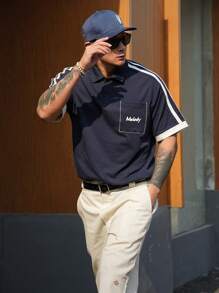 DAZY Camiseta polo de hombre de verano con bloqueo de color y estampado de letras, color marino - Azul Marino - Ver 5