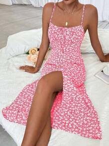 Breezaya 碎花印花开叉吊带连衣裙 长款女装 - 粉色 - 查看 4