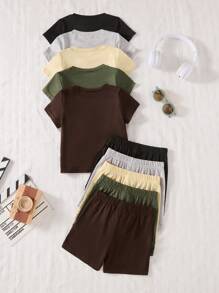 SHEIN Vintaside Kids 2pcs/Set Baby Boy Casual Solid Color Crew Neck Short Sleeve T-Shirt & Shorts Set, Pack Of 5, Suitable For Summer - Multicolor - View 2